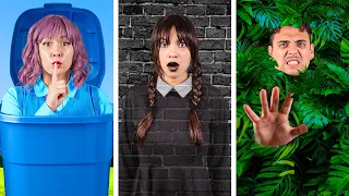 Wednesday Addams EXTREME CAMOUFLAGE HIDE AND SEEK! | Addams Family Vs Enid Challenge By Crafty Hacks