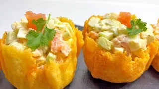 SALAD, which is eaten with a plate! Cheese baskets with tender salmon salad