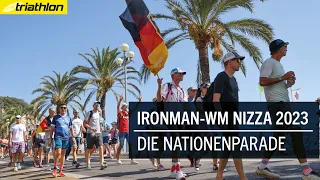 Buntes Treiben an der Promenade des Anglais: die Nationenparade der Ironman-WM Nizza 2023