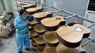Процесс массового производства акустической гитары на корейском заводе музыкальных инструментов