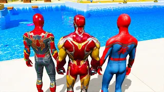 GTA 5 - Water Slide Challenge in Aquapark ( Spiderman, Iron Man, Hulk, Thor Gameplay GTA 5 )