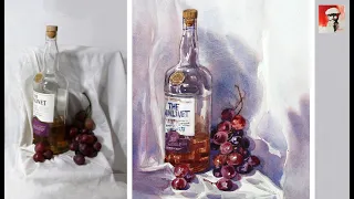 How To Draw & Paint A Bottle & Grapes | Still-Life Watercolor Painting Tutorial | Glaze & Layering