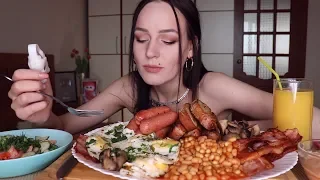 MUKBANG | Бекон, сосиски, шампиньоны, фасоль, омлет, багет | English breakfast не ASMR