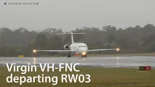 Virgin Australia Regional (VH-FNC) departing a wet Perth Airport.
