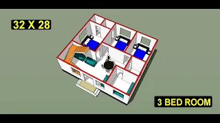 32 x 28 house plan with 3 bedrooms II 32 x 28 ghar ka naksha II 3 bhk home design