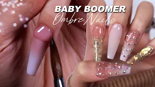 French Fade Baby Boomer Ombré Nail Art Design | Coffin Acrylics & Gold Glitter