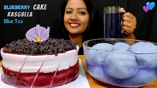 Eating 💙 Blueberry Cake + Blueberry Rasgulla + Blue Tea || Mukbang 🤤 Cake ASMR