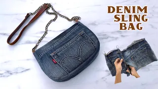 sewing diy small denim shoulder bag from old jeans , diy denim sling bag patterns ,diy jeans bag