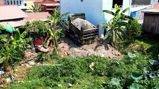 Wonderful Project Landfill By Komatsu D20P Bulldozer Pushing Soil And 5Ton Dump Truck Unloading Soil