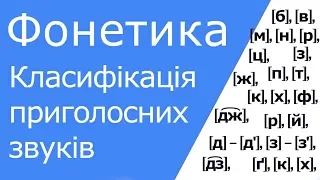 Класифікація приголосних звуків: сонорні, дзвінкі, глухі; губні, зубні, піднебінні, задньоротові...