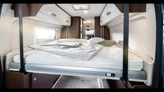 Mega place fold-down bed: Karmann 2021 Davis 630 motorcycle transporter camper van. Caravan Salon.