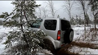 Внедорожник для города SUZUKI JIMNY на бездорожье в лесном болоте. Мини гелик