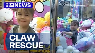 Child gets stuck inside claw machine | 9 News Australia