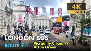 London Bus Ride, Route 94, Double Decker, 4K Virtual Tour. From Piccadilly Circus To Acton Green