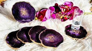 #914 Gorgeous Purple And Gold Geode Shaped Resin Coasters