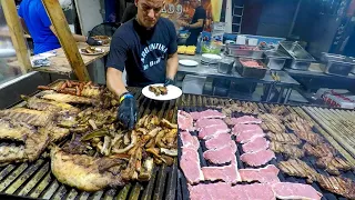 Argentina Street Food. Huge Grills Roasting Ribs, Sausages, Asado and more Meat. Italian Fairs