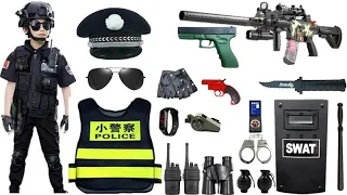 Special police weapon toy set unpacking AK-47, dagger, Glock pistol, grenade, walkie talkie,