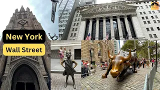 4K NYC Virtual Walking Tour 2023. Wall Street, Trinity Church, Charging Bull, Staten Island Station