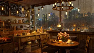 A Rainy Day in 4K Cozy Coffee Shop ❄ Background Instrumental to Relax, Study, Work