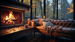 Reading Corner with Autumn Rain and Crackling Fire for Relaxation and Sleep in Autumn Cabin