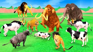 10 Mammoth Elephant vs 10 Zombie Cow vs 10 Giant Tiger Fight Cow Buffalos Saved By Woolly Mammoth