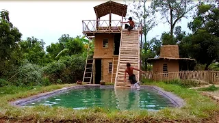 Build Three - Story Villa House And Swimming Pool With Water Slide  By Ancient Skills (full video)