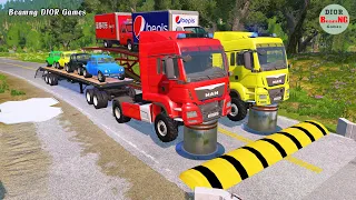 Double Flatbed Trailer Truck vs speed bumps|Busses vs speed bumps|Beamng Drive|676