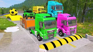 Double Flatbed Trailer Truck vs Speedbumps Train vs Cars | Tractor vs Train Beamng.Drive 067