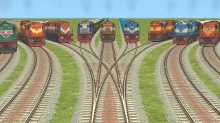 Nine Trains Running From Curved  Branched Railroad Crossing Track ||Train Simulator World 4||