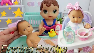 Abby's Little baby sister Evening Routine feeding, changing and bath caring for baby doll