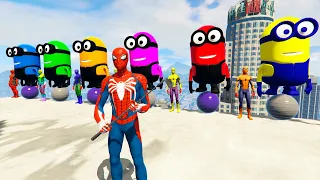 Spiderman on the High Ramp in GTA 5, All the colors of Minions, Super Powerful blow on  Cars