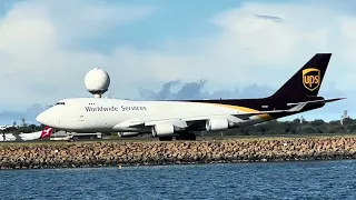 UPS B747-400F arrives in Sydney on 16R. Jetstar B787-8 departs