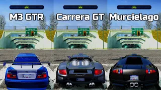 NFS Most Wanted: BMW M3 GTR vs Porsche Carrera GT vs Lamborghini Murcielago - Drag Race