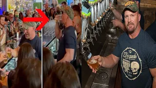 stone cold Steve Austin drinks beers w/ fans on '3:16' day... give me a hell yeah!!