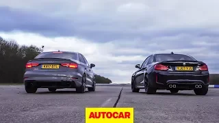 Drag race: Audi RS3 vs BMW M2, rolling race | What's the fastest £50k compact car? | Autocar