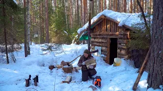 SURVIVE STRONG WINDS IN A LOG CABIN. ALONE IN A WILD SNOWY FOREST