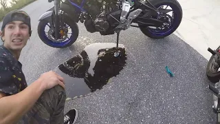 Crashed FZ07 learning to wheelie