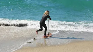 Professional Skimboarder Riding Weird Boards On Weird Waves