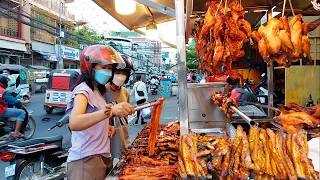 Cambodia Evening Street Food - Grilled BBQ Chicken, Duck, Bacon, Ribs, Pig Snouts