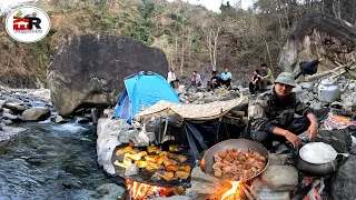 24 Hours Camping in Mountain River Side Full Relaxing with Team Cooking Pork Sekwa soup and Rice