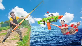 Battle Nerf War SALESMAN Go Fishing & POLICE COMPETITION Nerf Guns Fight Two Man FISHING BATTLE NERF