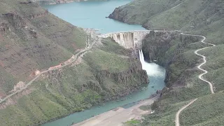 Drone views from high above and downstream of the Owyhee Dam