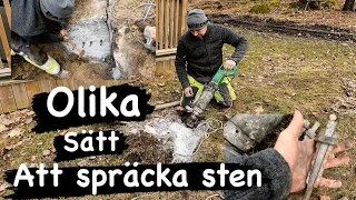 Spräcker sten och berg med kilar och elhydraulisk stenspräckare