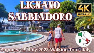 ITALY SUMMER WALK, LIGNANO SABBIADORO, centro storico, strada principale, Spiaggia {4K)