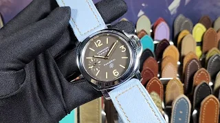 44mm Panerai Luminor Marina PAM00632 with Powder Blue Pebble Grain Leather Strap, Handmade