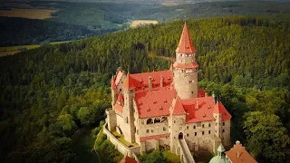 Epic drone aerial view of Czech medieval castles, palaces and chateaus