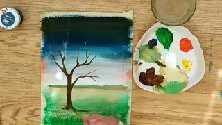 Осеннее дерево гуашью. Как нарисовать веерной кистью How to paint trees with fan brush. Step by step