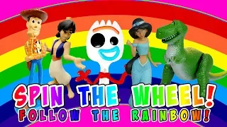 Toy Story 4 & Aladdin Toys Play the Spin the Wheel Game to Follow the Rainbow and Find Treasure!