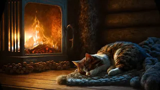 Fall asleep to the Purring of a Cat & Fireplace 🔥 Relax in Cozy Winter Hut, Fireplace sound