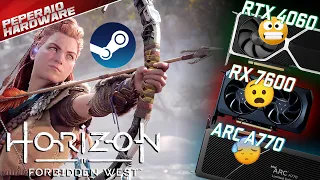 Horizon Forbidden West PC com RTX 4060 vs RX 7600 vs ARC A770 - 1080p, 1440p e 2160p (+DLSS 3 e FSR)